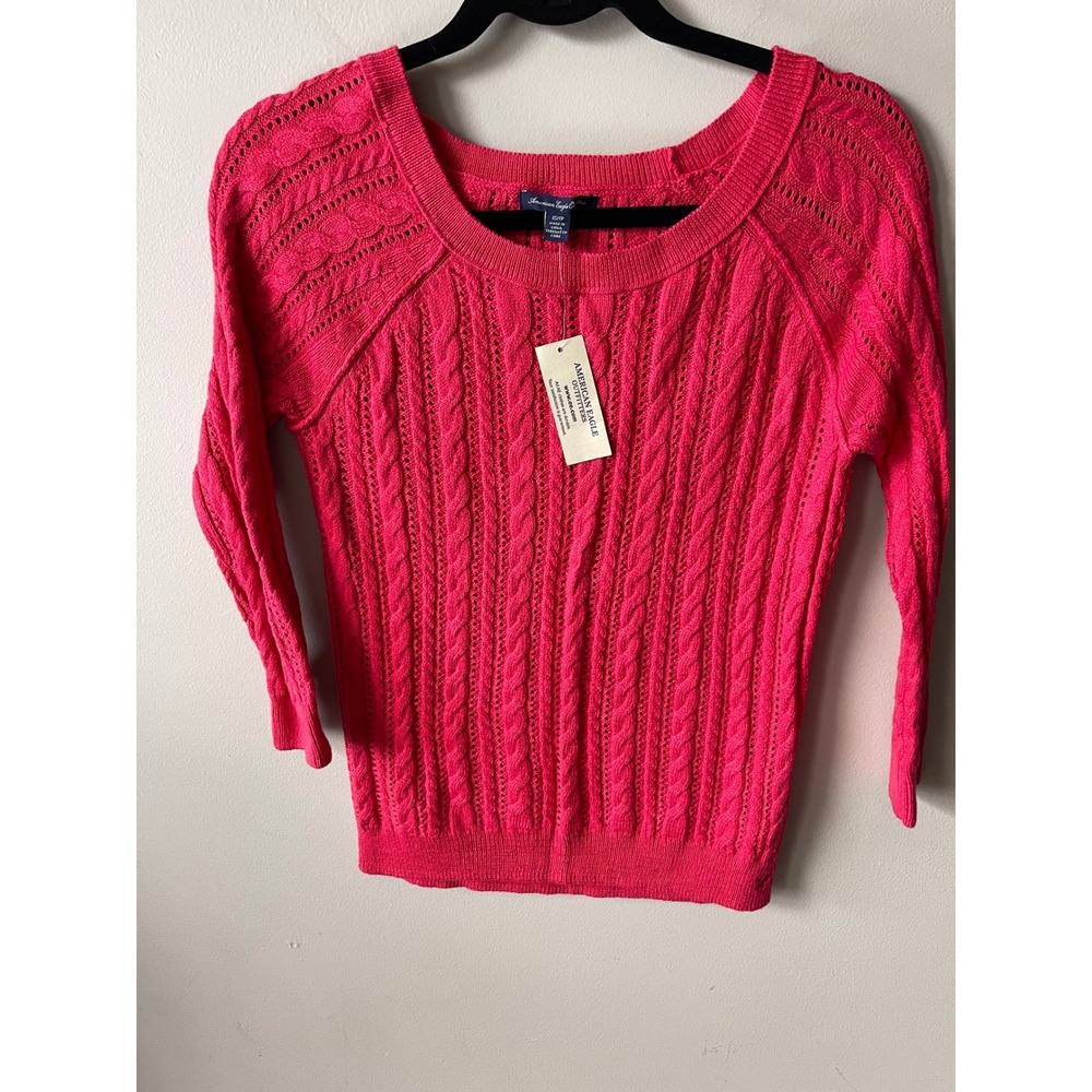 American Eagle Pink Cable Knit soft chic Sweater XS 3/4 Sleeve Scoop Neck New